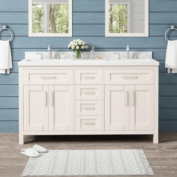 MARTHA STEWART Stamford 60 in. W x 21 in. D x 35 in. H Double Sink Bath Vanity in Picket Fence with White Quartz Top