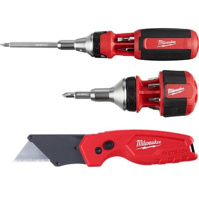 9-in-1 Ratcheting Multi-Bit Screwdriver with 8-in-1 Compact Ratcheting Multi-Bit Screwdriver and FASTBACK Compact Knife