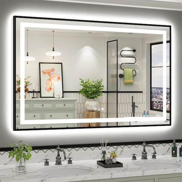 60 in. W x 38 in. H Rectangular Framed Front and Back LED Lighted Anti-Fog Wall Bathroom Vanity Mirror in Tempered Glass