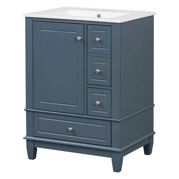 24 in. Single Sink Solid Wood Frame Freestanding Blue Bath Vanity with White Ceramic Top, Unassembled, Soft Close