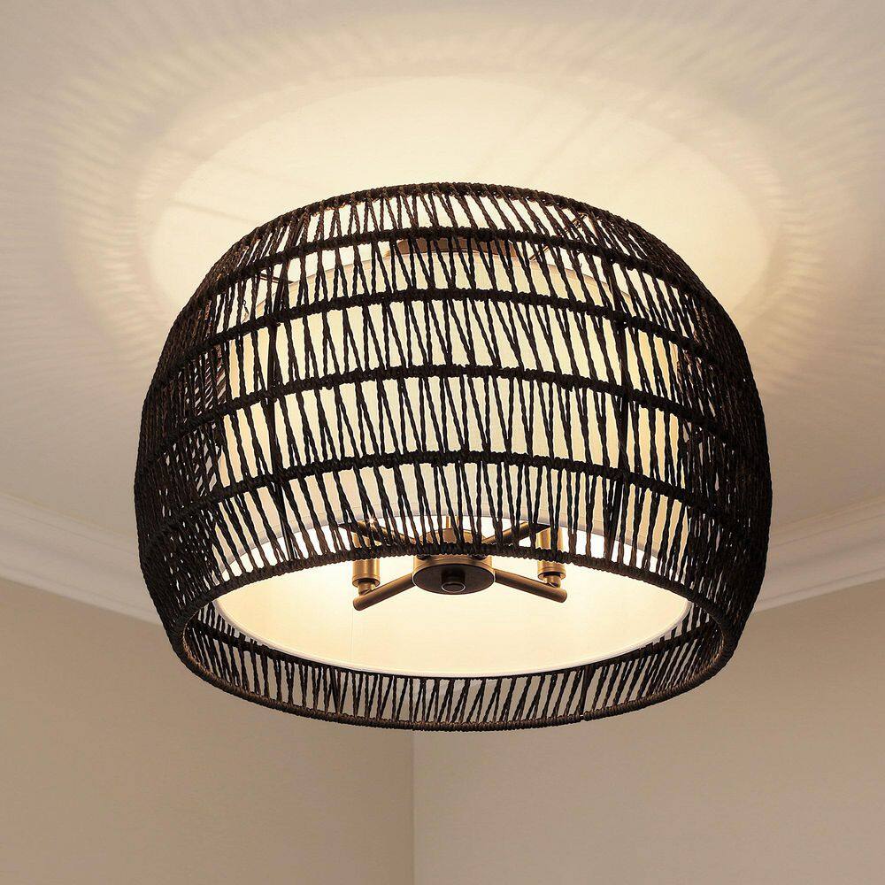 Everly Matte Black 19" Drum Semi-Flush Light with Modern Black Rattan Shade