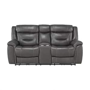 Barbal 77 in. W Dark Gray Leather Match Power Double Reclining Loveseat with Center Console, Power Headrests