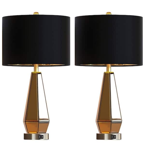 25 in. Mirrored Glass Table Lamps (Set of 2), Modern Silver Geometric Tall Bedside Lamps with USBS for Living Room Decor