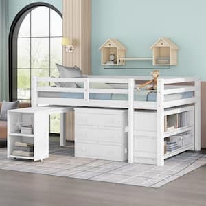 White Full Size Low Study Loft Bed with Cabinet, Shelves and Rolling Portable Desk