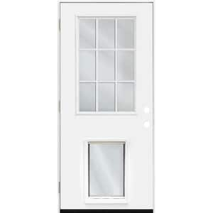 32 in. x 80 in. Reliant Series Clear 9 Lite RHOS White Primed Fiberglass Prehung Front Door with Extra Large Pet Door