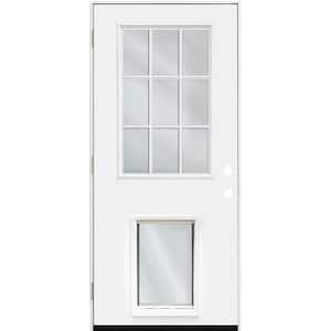 36 in. x 80 in. Reliant Series Clear 9 Lite White Primed RHOS Fiberglass Prehung Front Door with Extra Large Pet Door