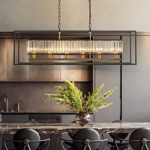 Kethry 6-Light Modern Black and Gold Rectangular Crystal Large Chandelier for Dining/Living Room