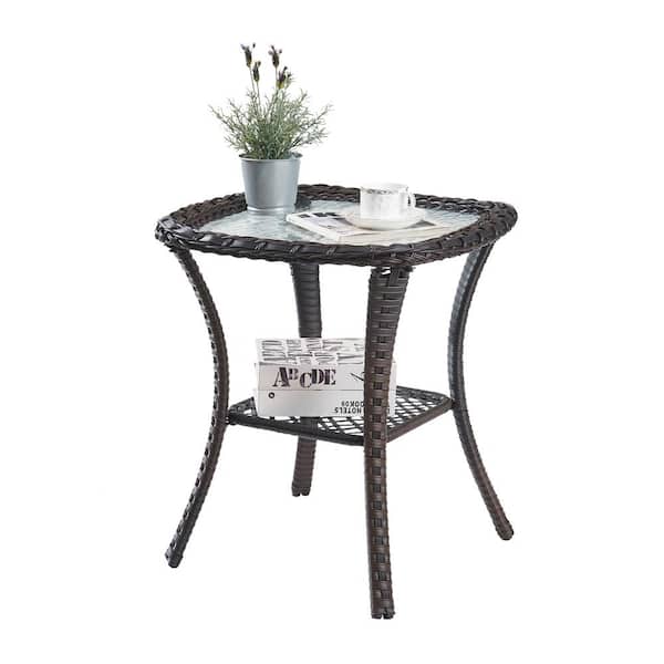 ArcoBay Brown Square Wicker Outdoor Side Table with Tempered Glass Top and Lower Wicker Storage Shelf