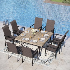 9-Piece Metal Patio Outdoor Dining Set with Brwon Square Slat Table and Brown Rattan High Back Wave Arm Chairs