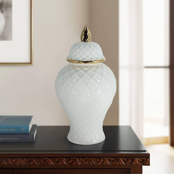14.25 in. White/Gold Stoneware Rope Lined Temple Jar