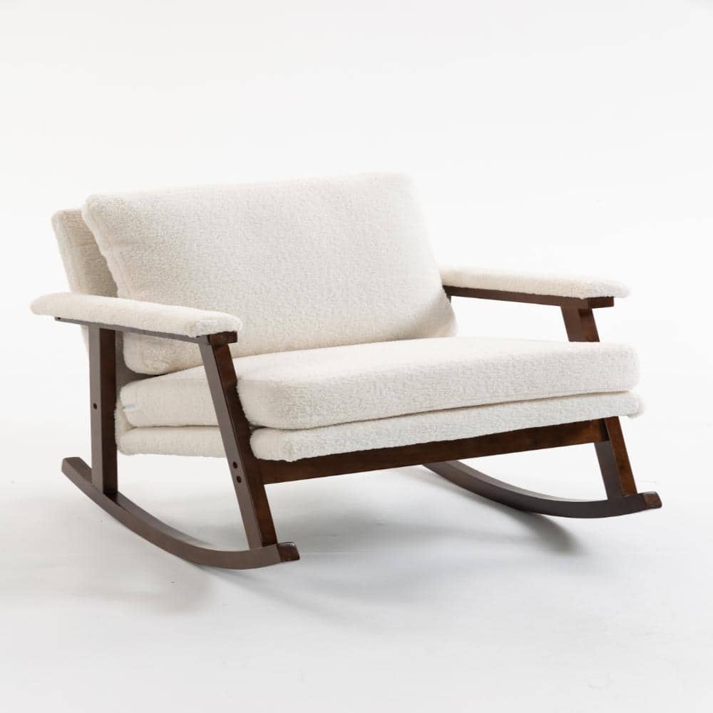 Antique White Patio Rocking Chair with Wood Frame, Upholstered Reading Armchair, for Balcony and Backyard