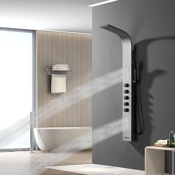 Dual 4-in-1, 2-Jet Shower Panel Tower System with Rainfall Waterfall Shower Head, and Massage Body Jets in Black Nickel