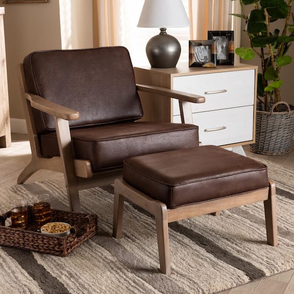 Sigrid Dark Brown Upholstered Wood Armchair and Ottoman Set 2-Piece
