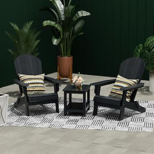 Vineyard Black Outdoor Plastic Adirondack Chair with Side Table 3-Piece Set