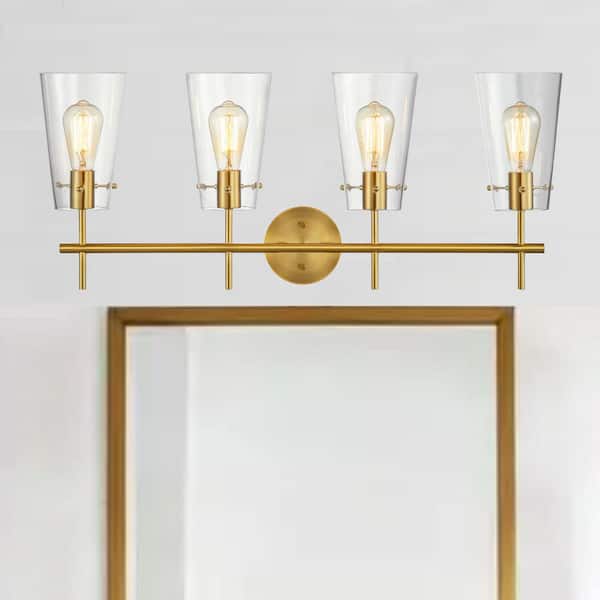 KAWOTI 30.25 in. 4-Light Antique Brass Vanity Light with Clear Glass Shade