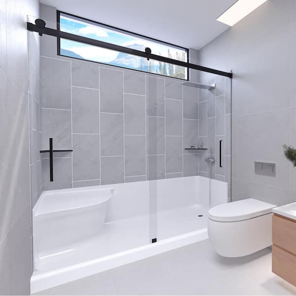 NuVo Slate Grey-Tetherow 60 in. W. x 32 in. x 83 in. Base/Wall/Door Seated Base Alcove Shower Stall/Kit Matte Black Right