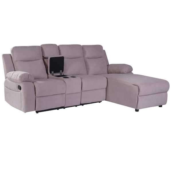 Sumyeg 96 85 In Beige Fabric 3 Seats L, Grey Fabric Sectional Sofa With Recliner And Chaise Lounge Chair