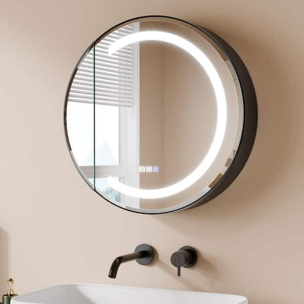 Radii 26 in. W x 26 in. H Round Silver Aluminum Medicine Cabinet with Mirror, Dimmable LED, Soft-Close Hinge