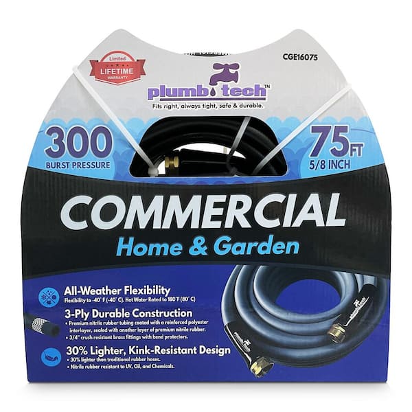 plumb tech Fits right, always tight, safe & durable. 3/4 in. Dia. x 75 ft. Black Nitrile Rubber Commercial, Home and Garden, Multi-Purpose Hot/Cold Water Hose: BP 300 psi