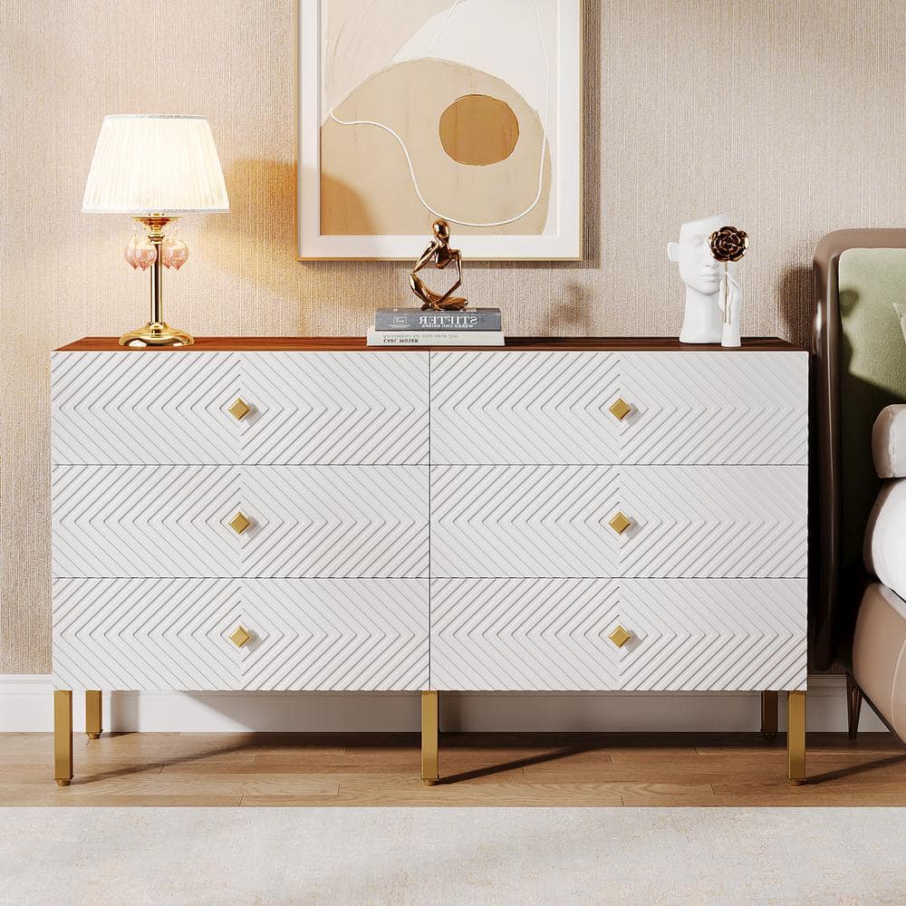 BYBLIGHT Helotes Walnut and White 6-Drawers 55 in. W Chest of Drawers ...