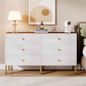 Helotes Walnut and White 6-Drawers 55 in. W Chest of Drawers, Modern Accent Dresser with 6-Lager Drawers and Metal Legs