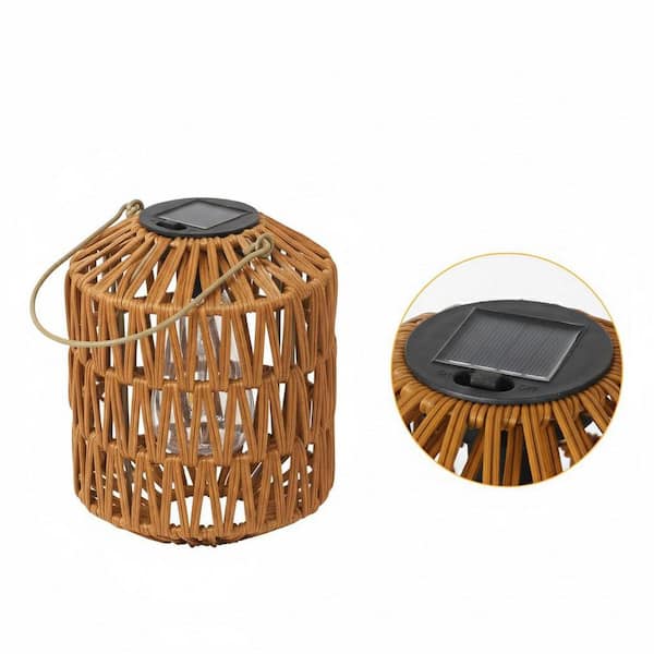 7.6 in. 1-Light Brown Rattan Solar LED Outdoor Post Top Lantern, Hangable/Vertical, Weather Resistant (2-Pack)