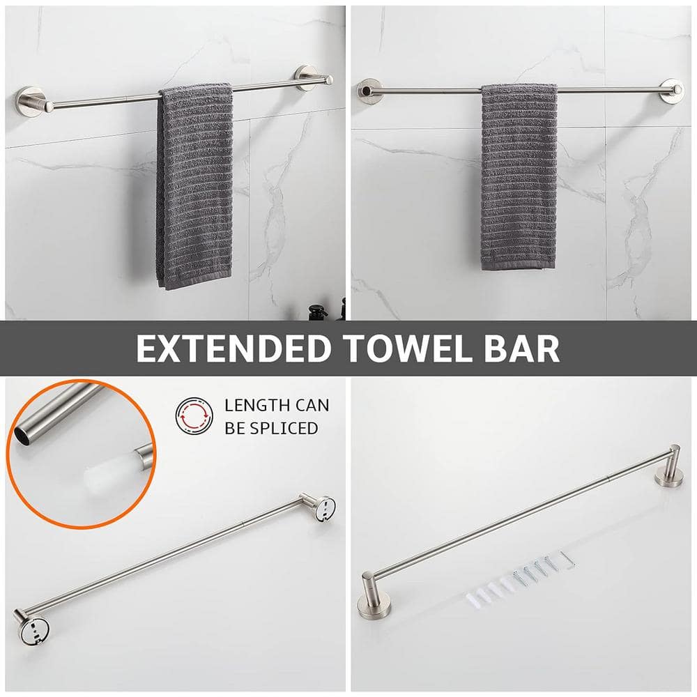 Brushed Nickel 4-Piece Bathroom Hardware Set with Adjustable Towel Bar
