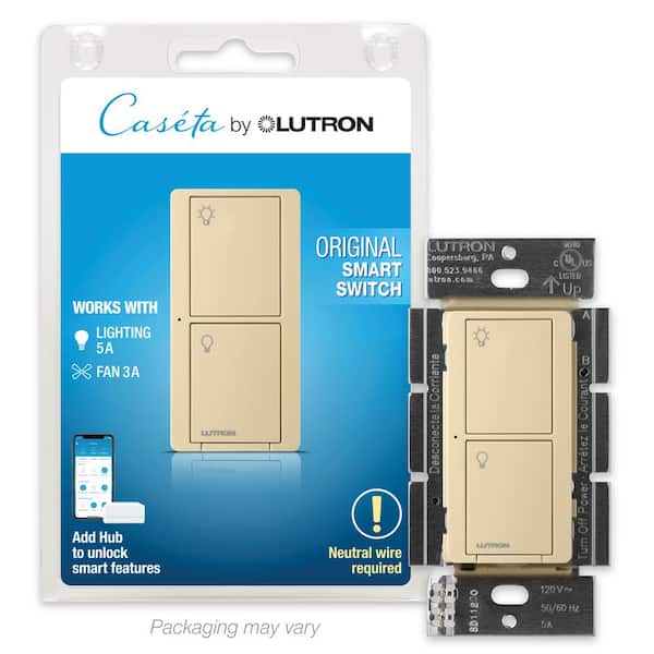 Lutron Caseta Smart Switch for Lights or Fans, 6 Amp, Push Button Light Switch Neutral Wire Required, Ivory (PD-6ANS-IV)