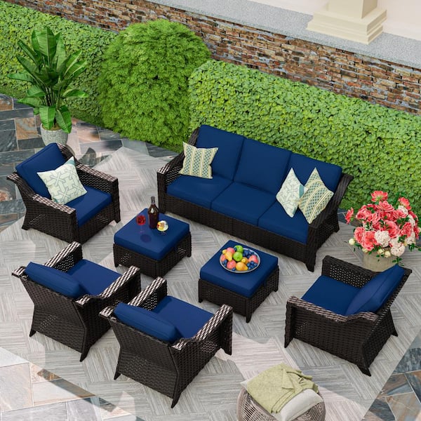 Brown 7-Piece Rattan Wicker Patio Conversation Set Garden Lawn Furniture with Blue Cushions