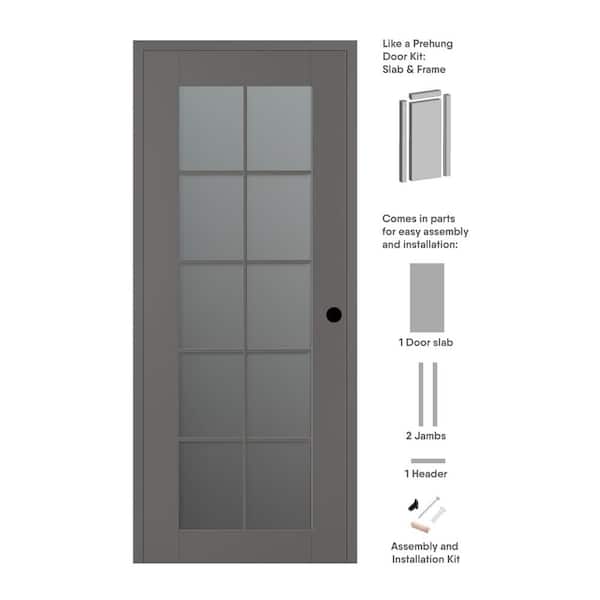Belldinni Vona 36 in. x 80 in. Left-Hand 10-Lite Frosted Glass Gray Matte Wood Composite DIY-Friendly Single Prehung Interior Door