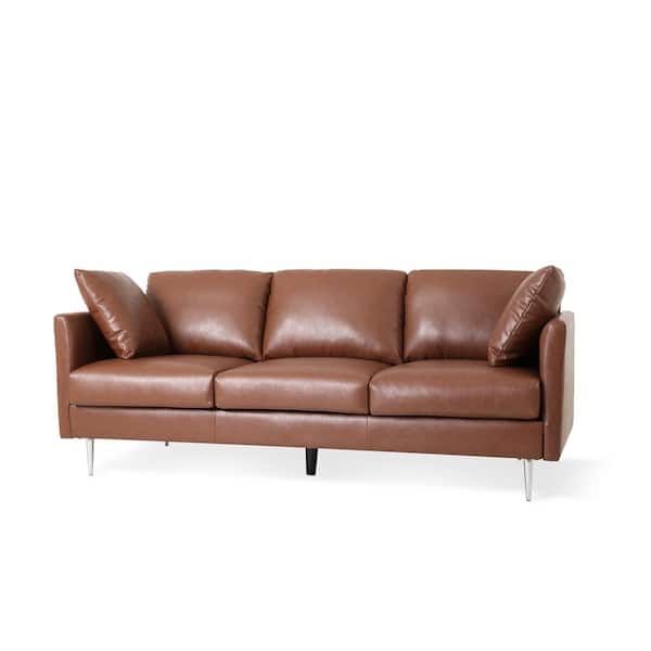 Noble House Eliphaz 73 in. Wide Brown and Silver 3-Seat Square Arm Faux Leather Straight Cognac Faux Leather Sofa