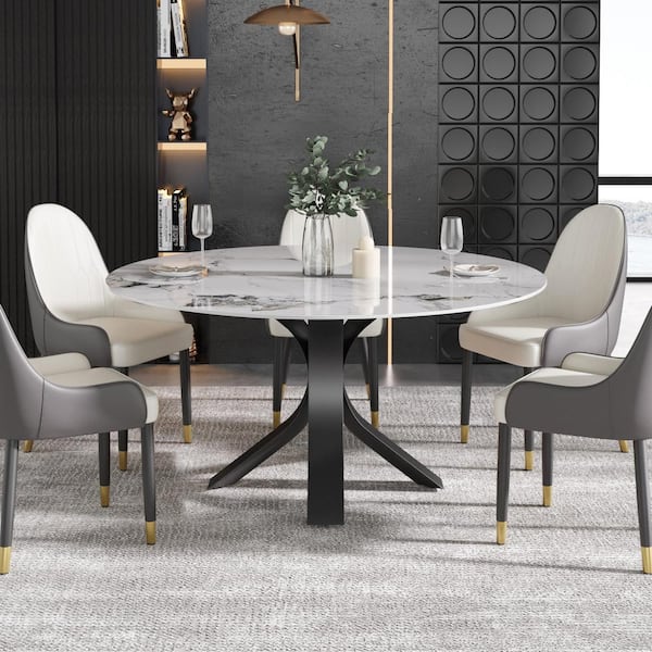 J&E Home Pandora White Glossy Sintered Stone Top 59.05in. Pedestal Base Round Dining Table Seats 8 with Carbon Steel Base
