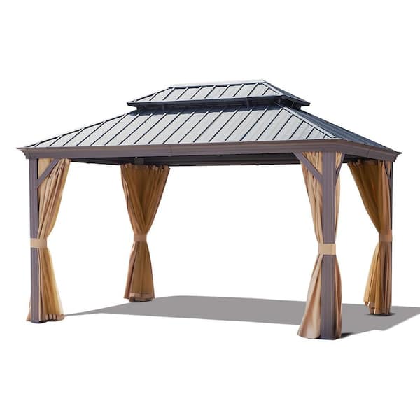 Sudzendf 10 ft. x 14 ft. Black Double-Tier Hardtop Aluminum Gazebo with Reinforced Galvanized Steel Roof Curtain and Netting