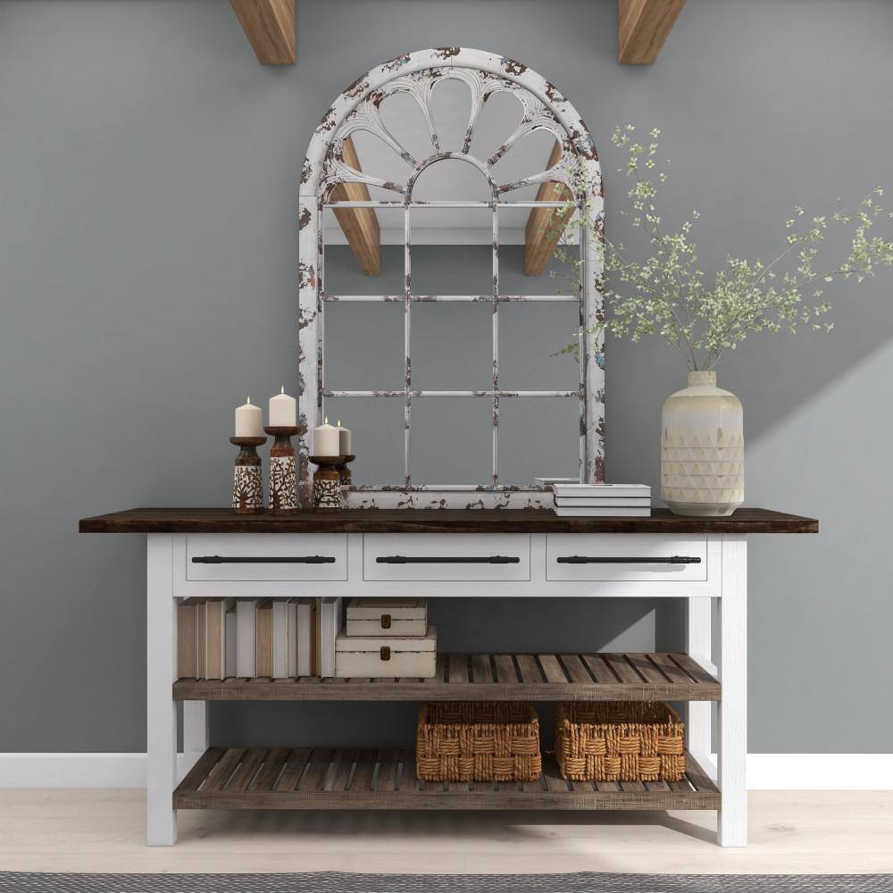 White Distressed Wood Arched Windowpane Wall Mirror