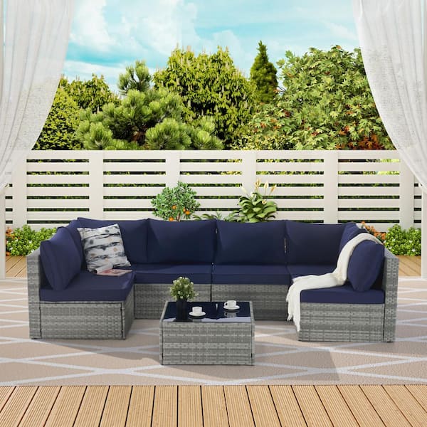 Unbranded 7-Piece Rattan Wicker Outdoor Sectional Set with Tempered Glass Coffee Table Set and Dark Blue Cushions