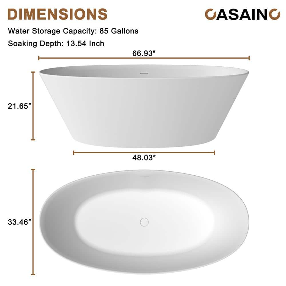67" Matte White Freestanding Solid Surface Resin Bathtub with Black Pillow