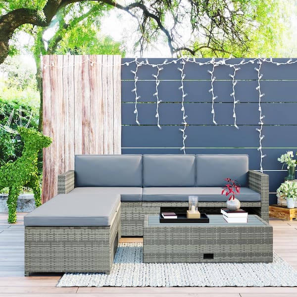 Cesicia 4-Piece PE Rattan Wicker Outdoor Patio Conversation Sectional Sofa with Gray Cushions and Retractable Table