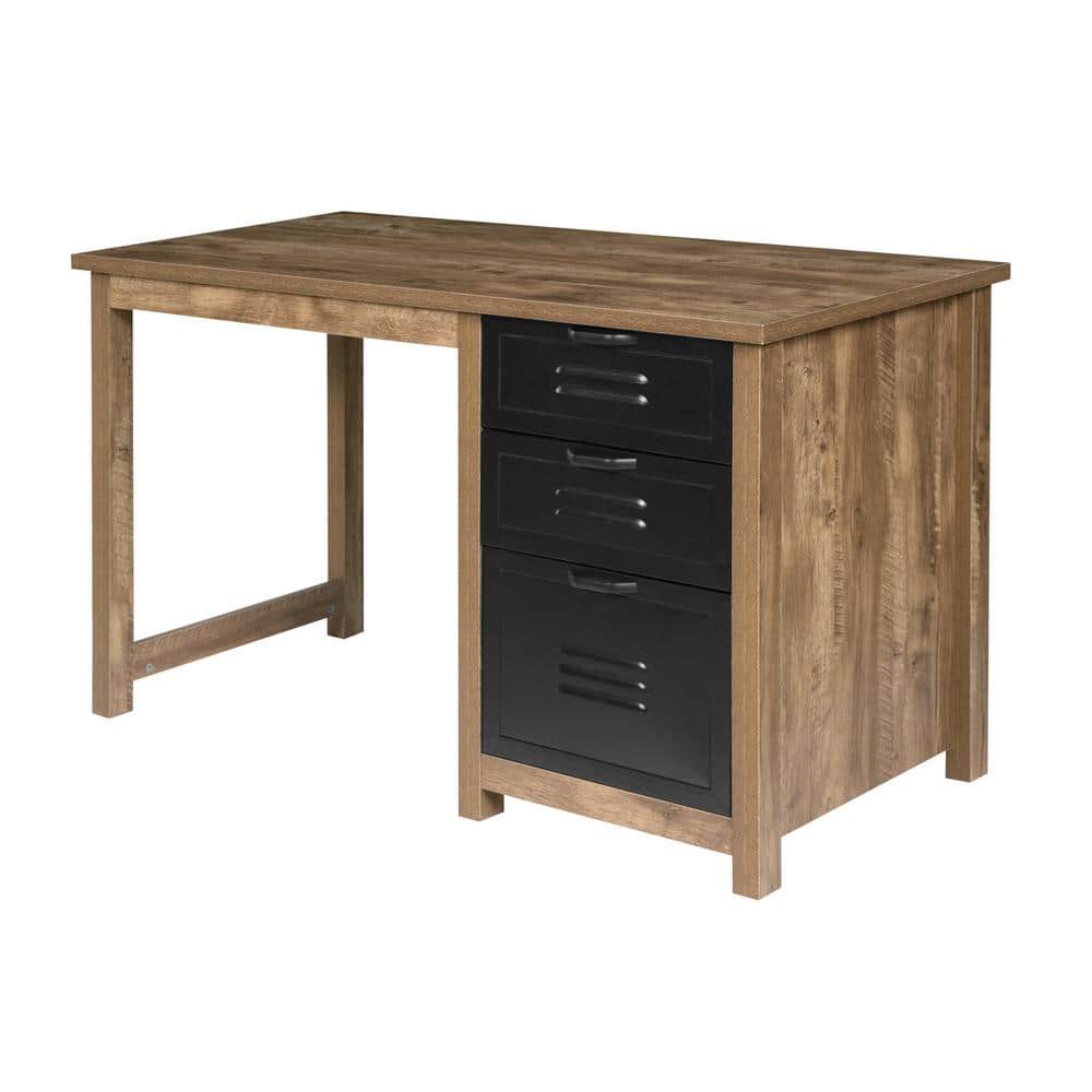 48 in. Rectangular Brown/Black 3 Drawer Writing Desk with File Storage