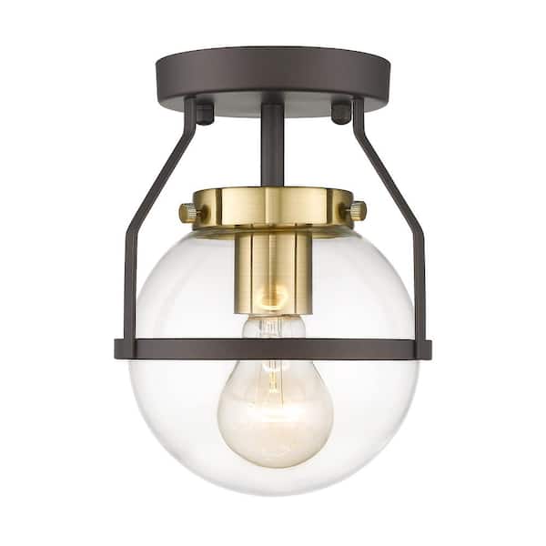 JAZAVA 6.5 in. 1-Light Oil-Rubbed Bronze Gold Finish with Clear Globe Glass Shade Semi-Flush Mount