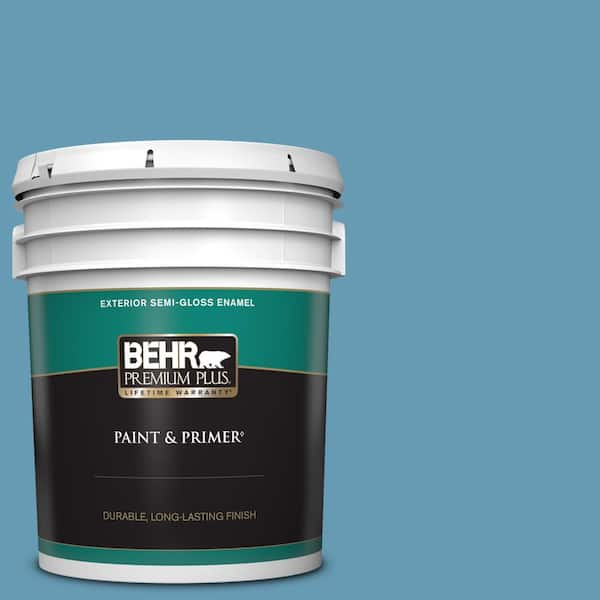 BEHR PREMIUM PLUS 5 gal. #S490-4 Yacht Blue Semi-Gloss Enamel Exterior Paint & Primer