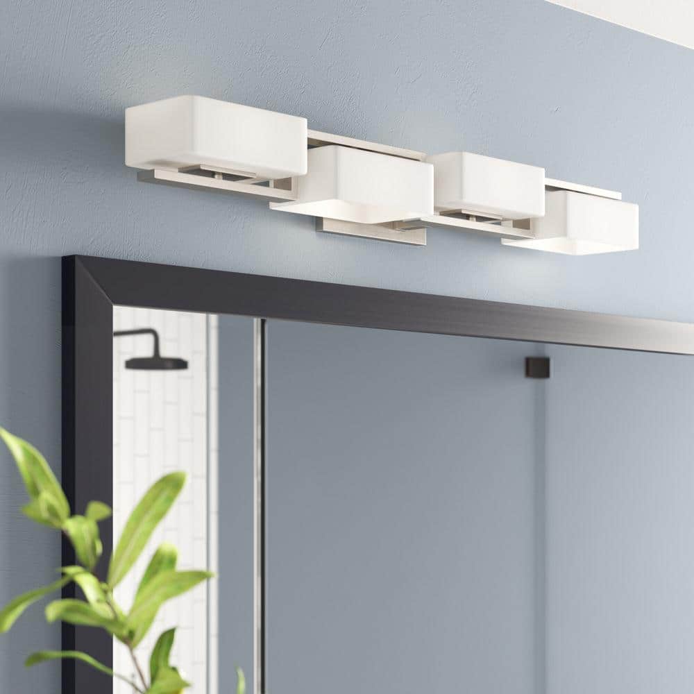 Meridian 33.75 in. 4-Light Satin Platinum Retro Vanity Light with White Opal Glass Shades price history on PriceWatchPro