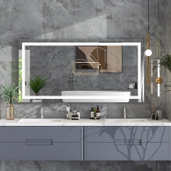 FNEEHY 72 in. W x 36 in. H Large Rectangular Frameless Front & Backlit Dimmable Bathroom Vanity Mirror in Shatterproof Glass, Silver