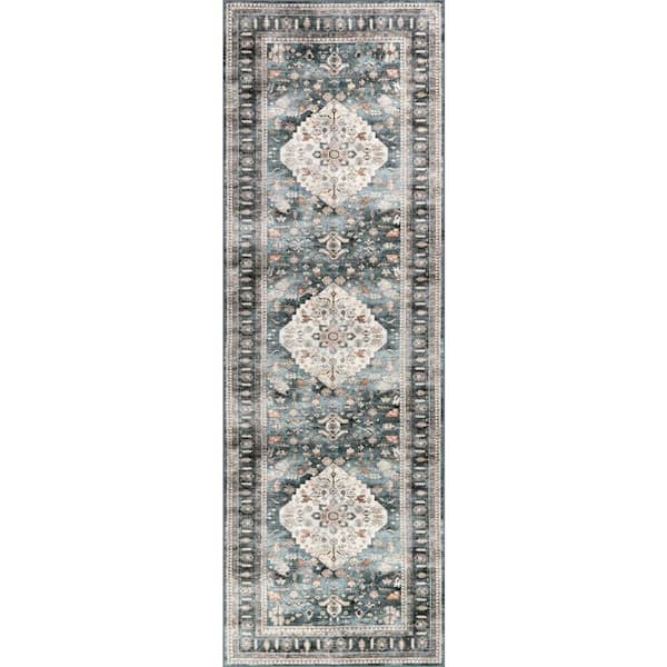 Keyara Spill Proof Washable Green 3 ft. x 8 ft. Indoor Runner Rug