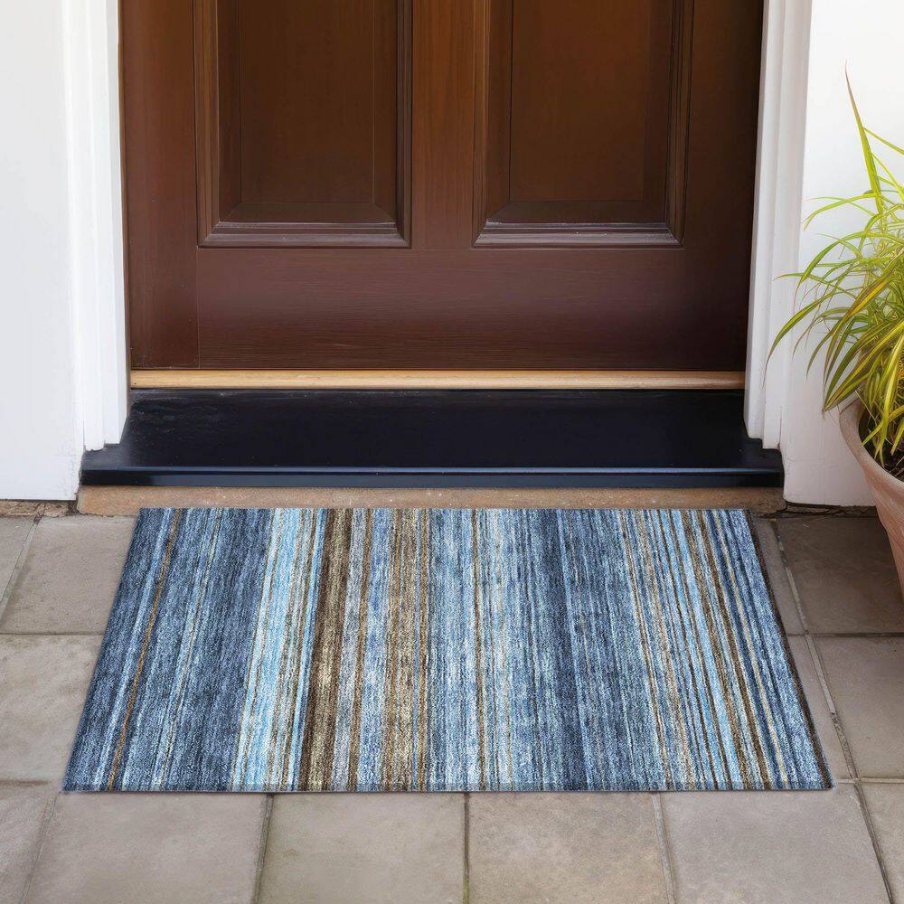 Navy and Brown Synthetic Striped Rectangular Indoor/Outdoor Rug