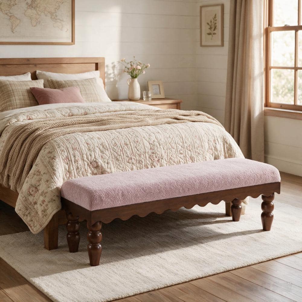 Dusty Pink 62.3 in. Boucle Fabric Upholstered End of Bed Bench with Wave Pattern Trim and Solid Wood Legs