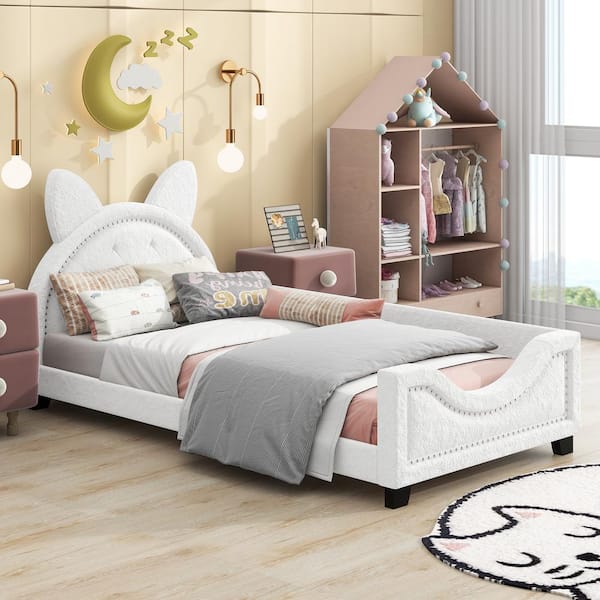 Polibi White Wood Frame Twin Size Upholstered Platform Bed With Carton ...