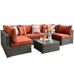 Maire Gray 7-Piece Wicker Outdoor Patio Conversation Sofa Seating Set with Orange Red Cushions