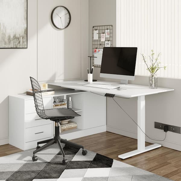 FUFU&GAGA 63 in. Width L-Shape White Wooden 3-Drawer Computer Desk
