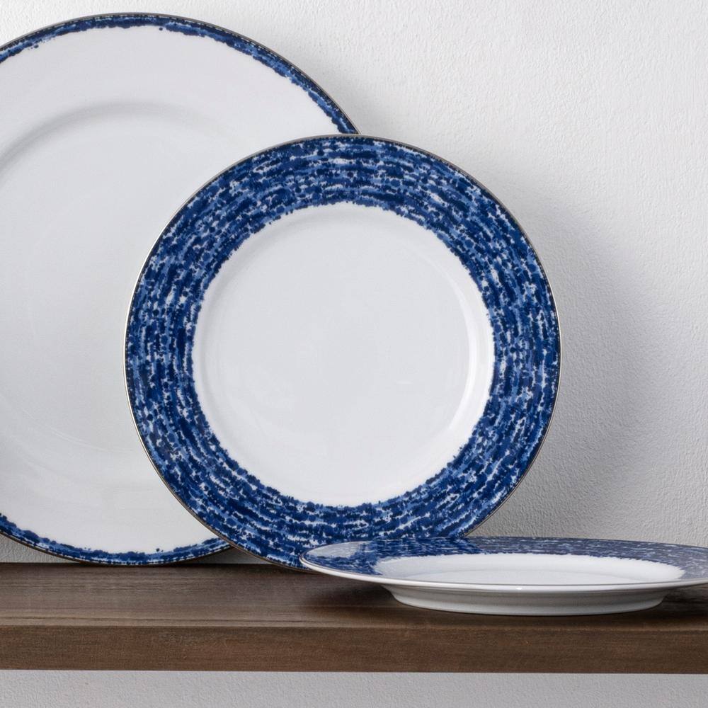 Blue and White Porcelain Salad Plates with Metallic Band, Set of 4