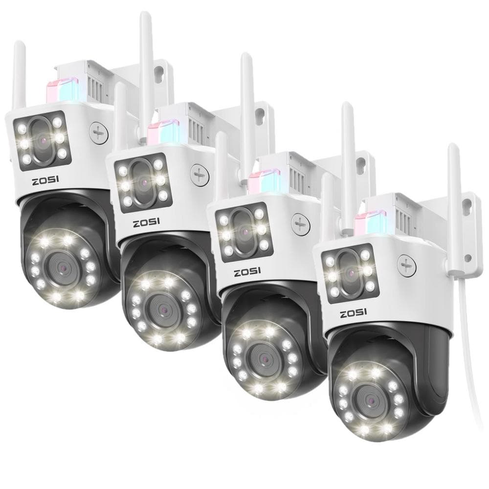 ZOSI Wired 4MP 2.5K 360° PTZ Outdoor Plug-In Home Security Camera, 2.8mm and 8mm Dual Lens, AI Person Car Detection - 4-Pack